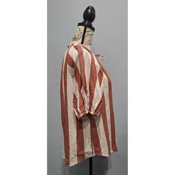 NWOT Knox Rose Rust & Cream Striped Cotton Blouse With Puff Sleeves & Tie Neck/S - Picture 5 of 7